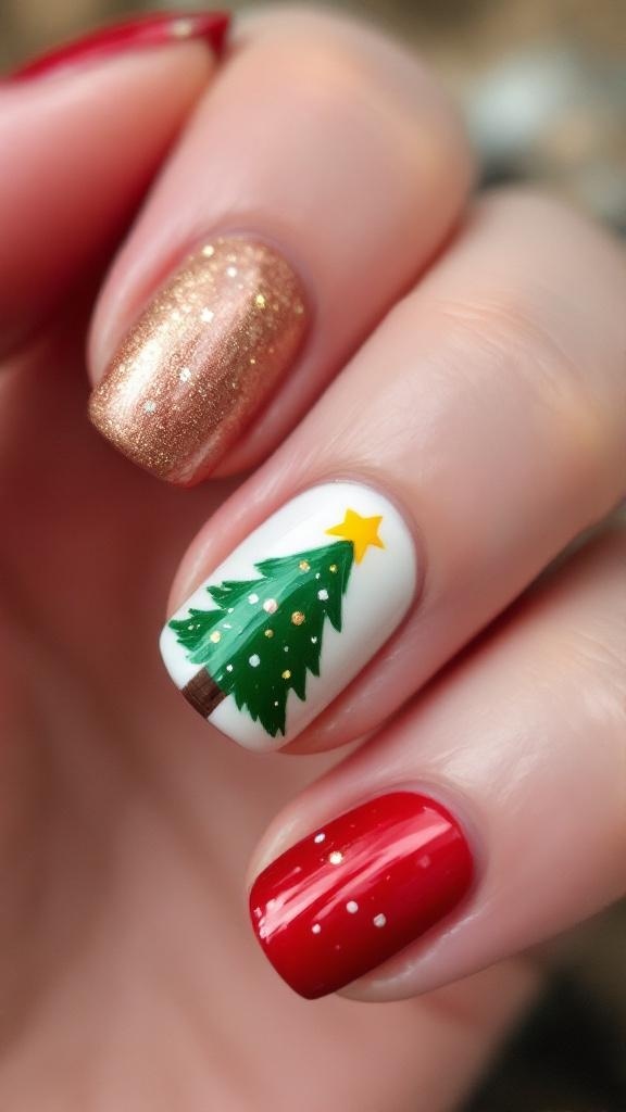 A hand showing Christmas tree accent nails with red and nude polish.