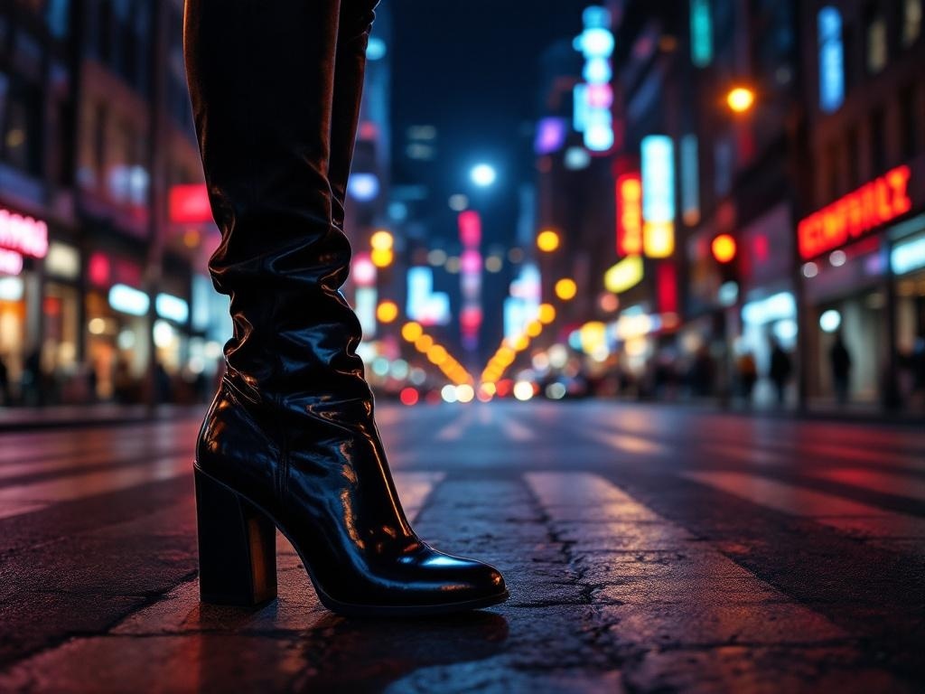 A close-up of a black chunky heel boot on a city street at night, with colorful lights in the background.