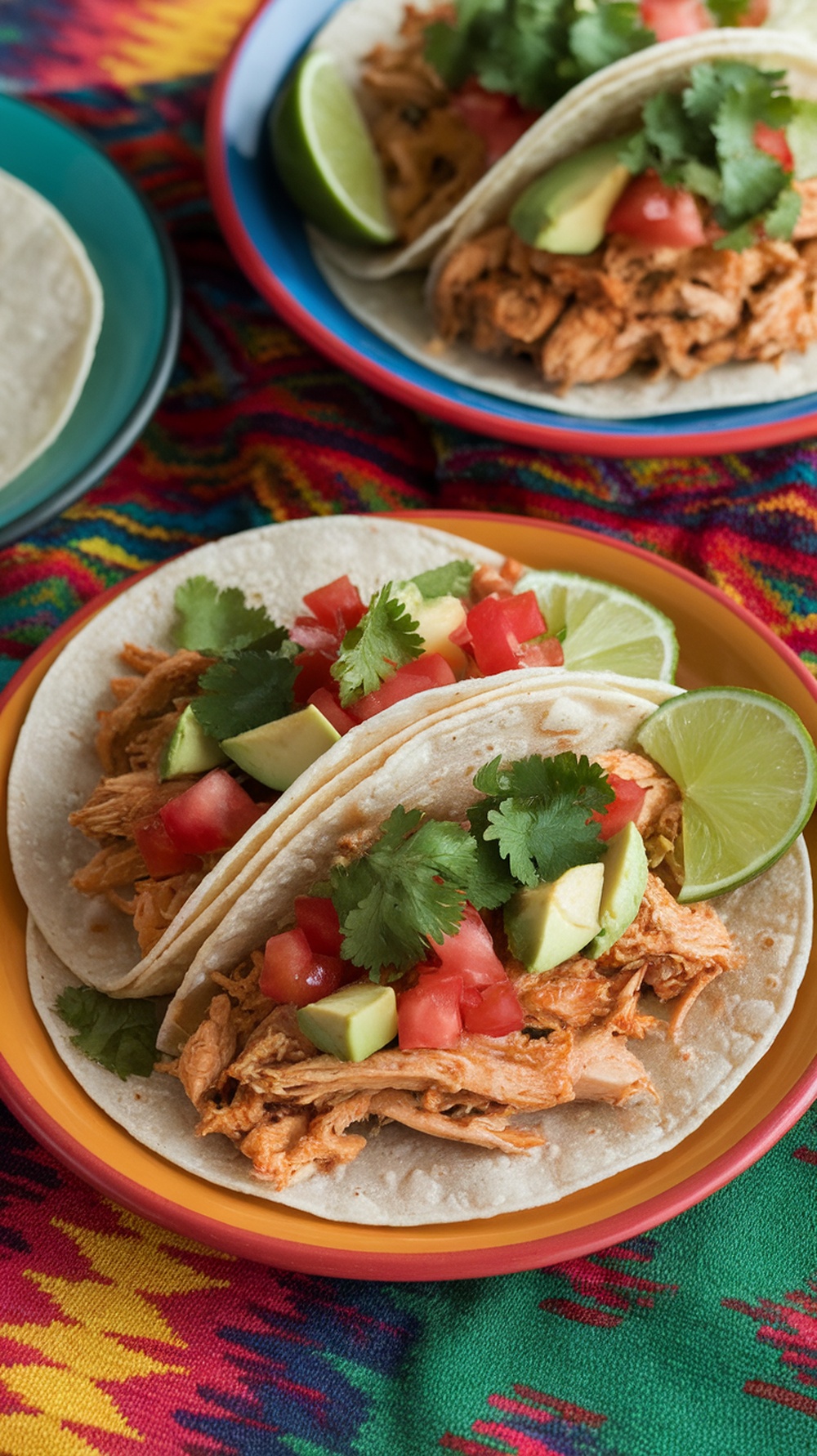 Cilantro lime chicken tacos with toppings on colorful plates