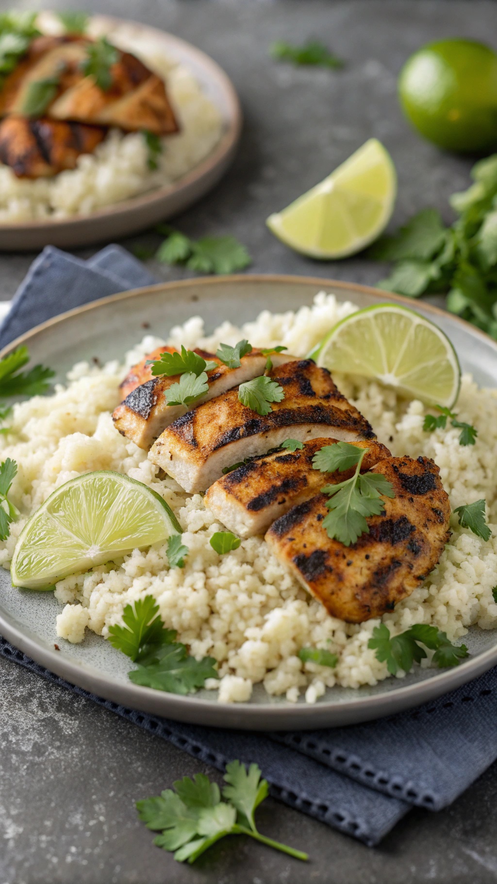 Grilled cilantro lime chicken served on cauliflower rice with lime wedges and fresh cilantro.