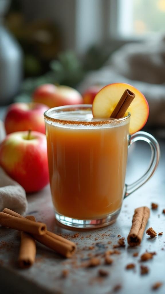 A glass of cinnamon-infused apple cider vinegar tonic with a cinnamon stick and fresh apples in the background.