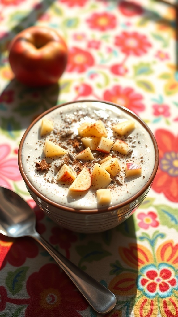 A bowl of cinnamon-spiced apple chia pudding topped with diced apples and cinnamon, with a red apple in the background.