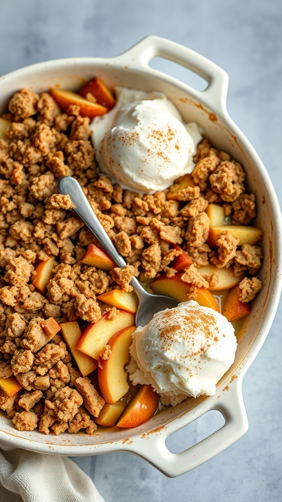 A delicious cinnamon-spiced apple crisp topped with vanilla ice cream.