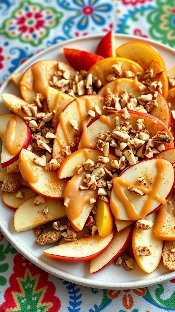 A plate of cinnamon-spiced apple nachos topped with nut butter, chopped nuts, and cinnamon.