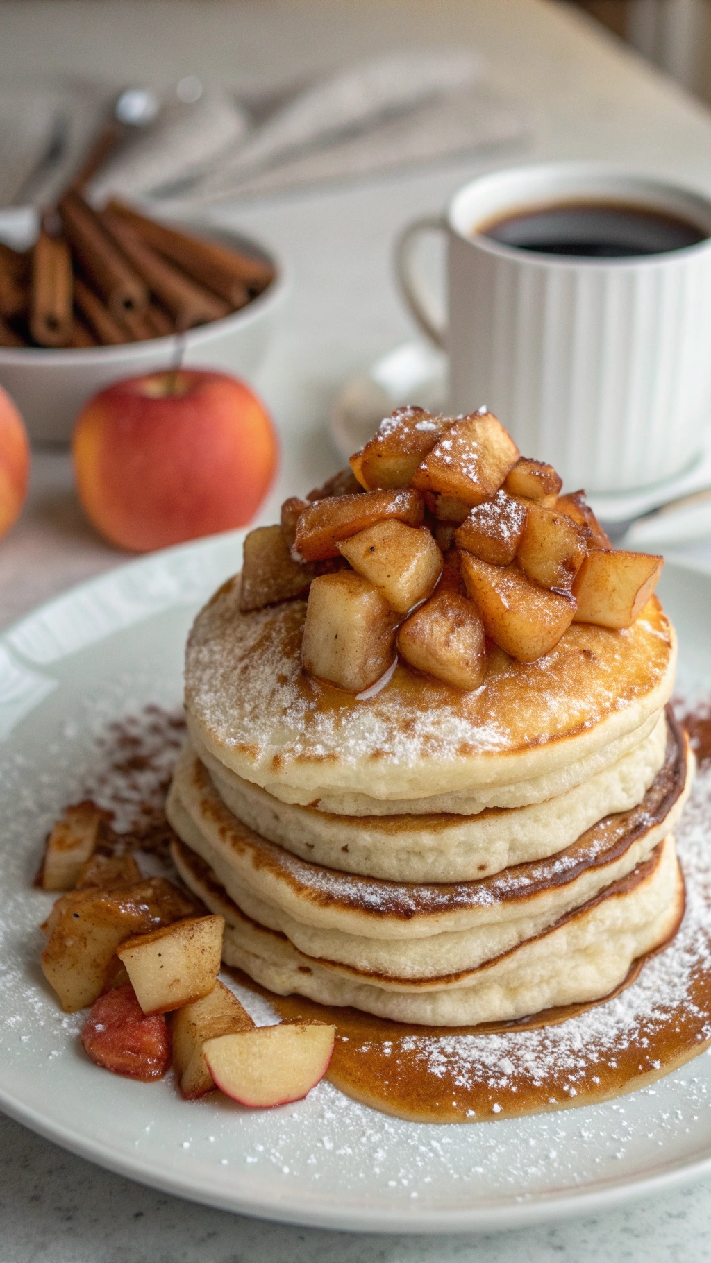 Stack of cinnamon-spiced apple protein pancakes topped with sautéed apples and powdered sugar