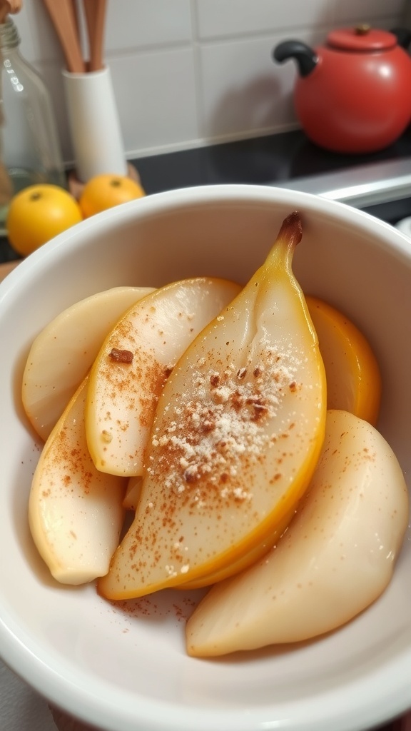 A bowl of cinnamon-spiced pears, sliced and sprinkled with cinnamon, creating a cozy dessert.