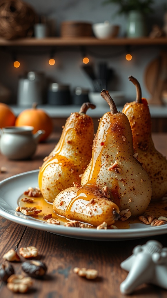 Cinnamon-spiced pears drizzled with syrup and topped with nuts on a plate.