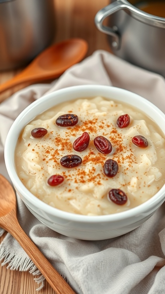 A bowl of cinnamon-spiced protein rice pudding topped with dried cranberries and a sprinkle of cinnamon.