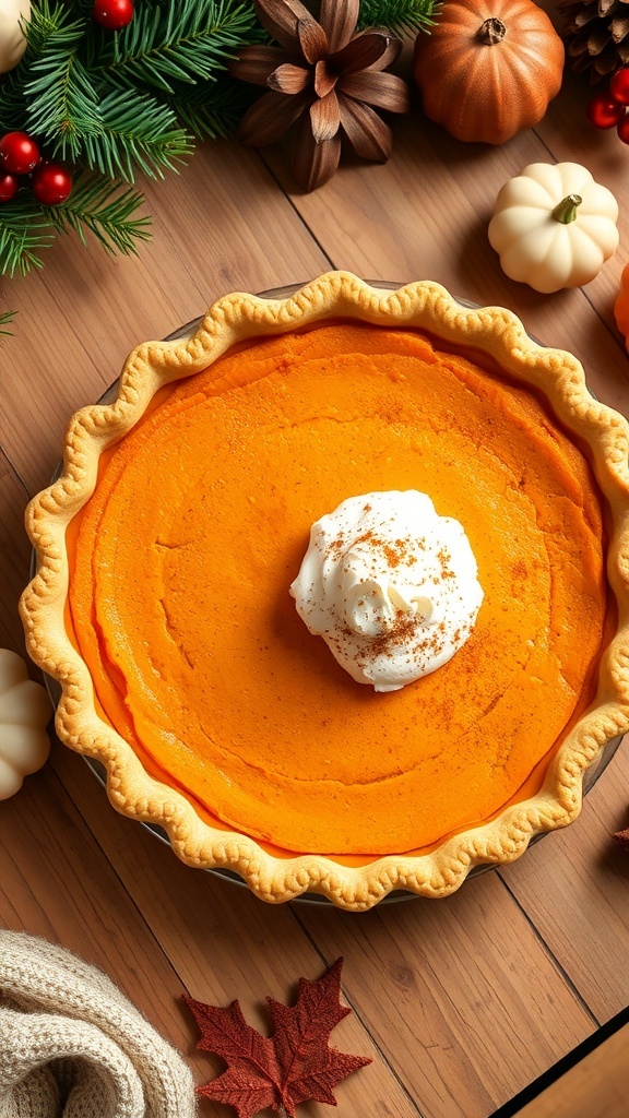 A cinnamon-spiced sweet potato pie topped with whipped cream, surrounded by festive decorations.