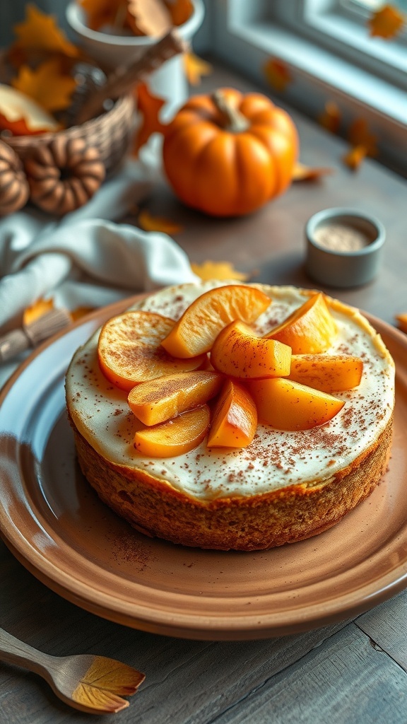 A delicious Cinnamon Apple Cheesecake topped with apple slices and cinnamon, served on a rustic plate.