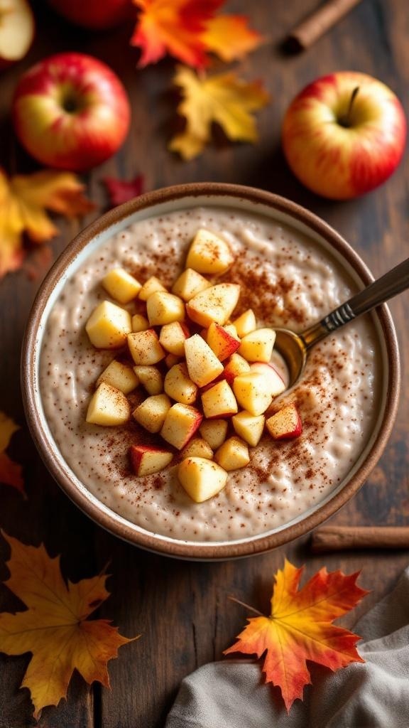 Bowl of cinnamon apple chia pudding topped with diced apples and cinnamon, surrounded by autumn leaves and apples.
