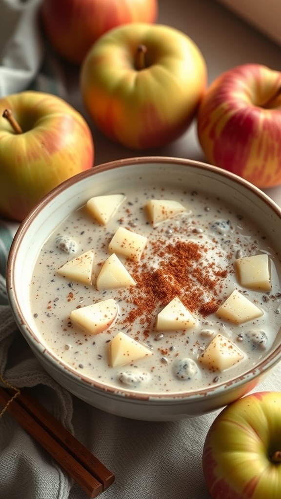 A bowl of cinnamon apple chia seed pudding topped with apple pieces and cinnamon, surrounded by fresh apples.
