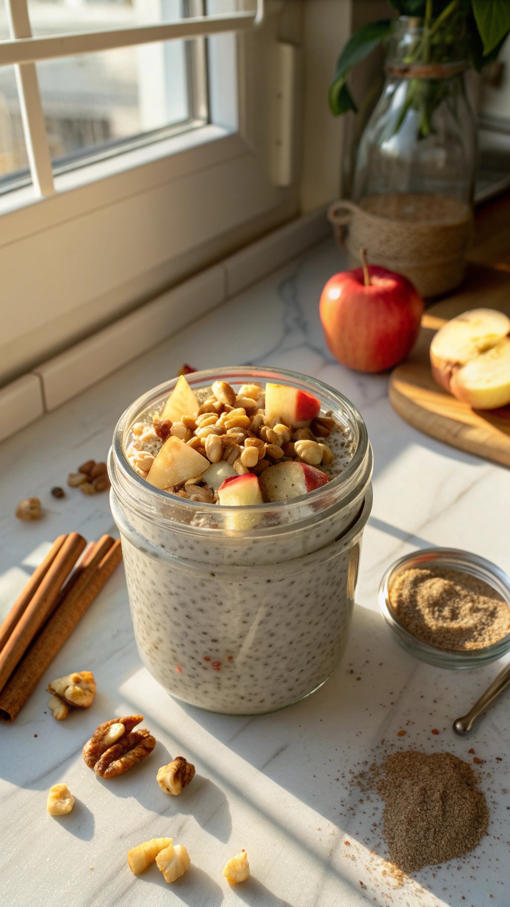 A jar of cinnamon apple chia seed pudding topped with diced apples and granola, with cinnamon sticks and walnuts nearby.