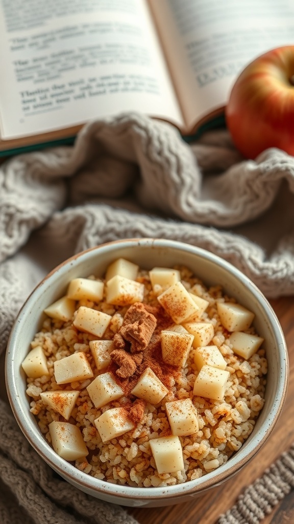 A bowl of cinnamon apple overnight quinoa topped with diced apples and cinnamon, with an apple and an open book in the background.