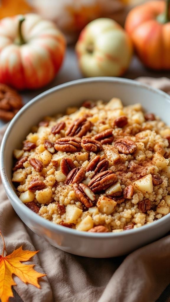 A bowl of cinnamon apple quinoa topped with pecans, surrounded by pumpkins and autumn leaves.