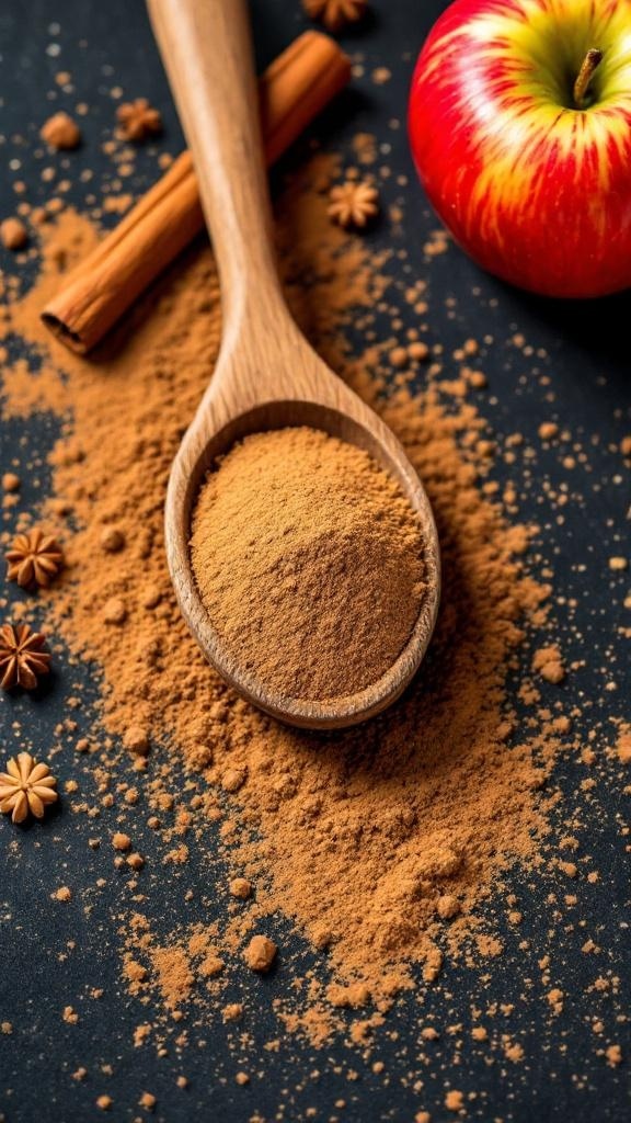 A wooden spoon filled with ground cinnamon, surrounded by cinnamon sticks, star anise, and a red apple on a dark background.