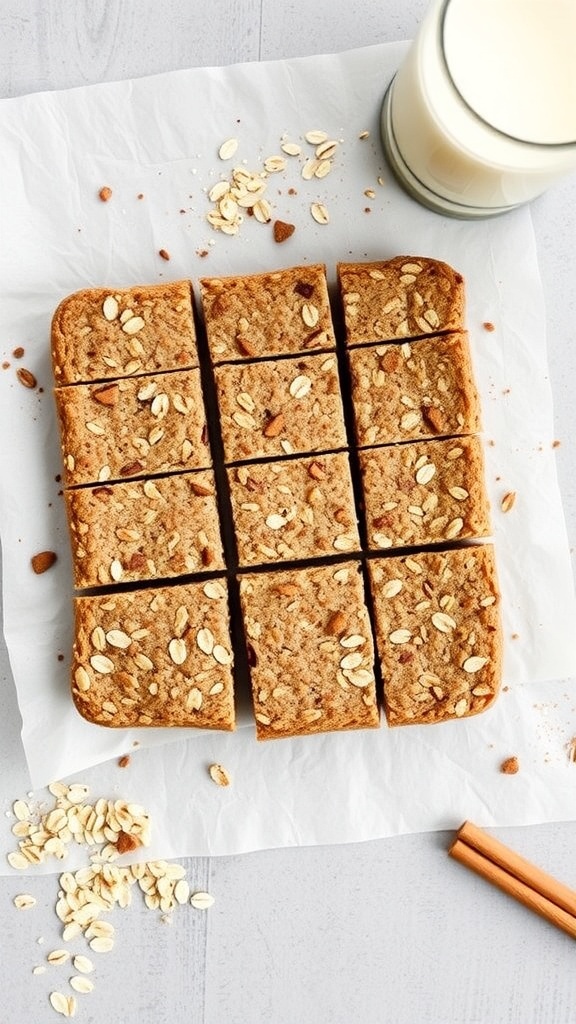 Cinnamon Oat Protein Bars cut into squares, with oats and cinnamon sticks nearby.
