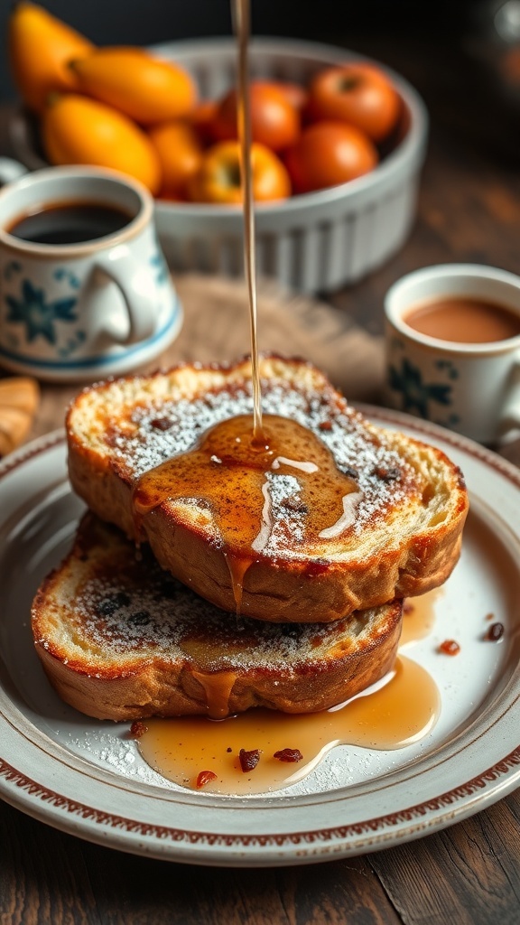 Cinnamon Raisin Bagel French Toast with syrup and powdered sugar