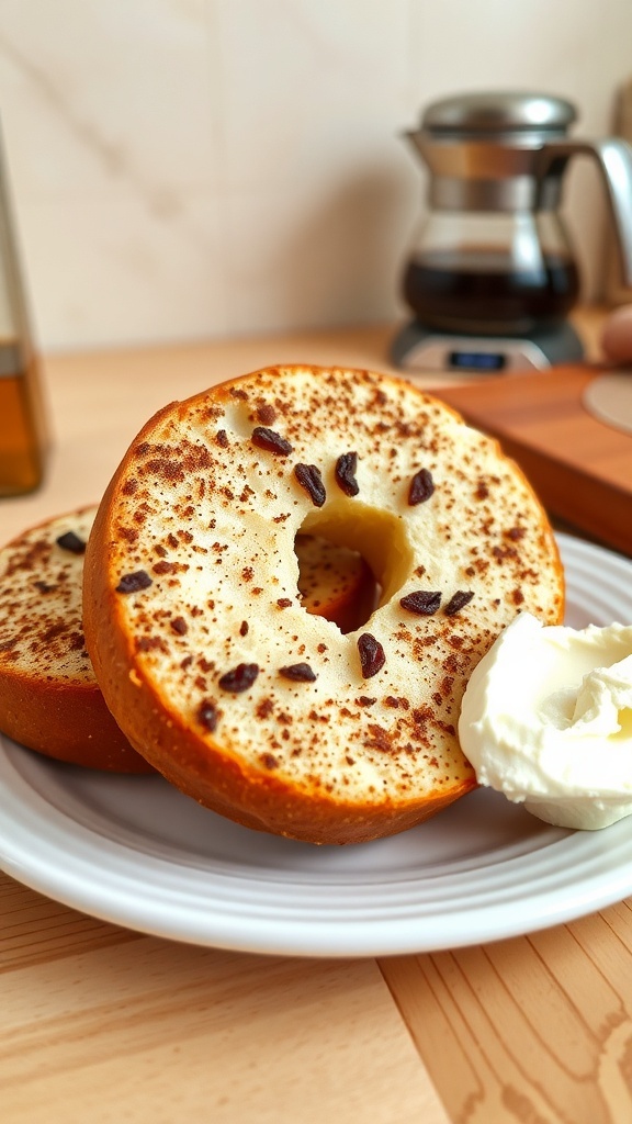 Freshly baked cinnamon raisin bagels on a plate with cream cheese.