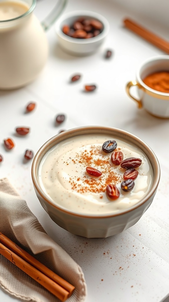 A bowl of cinnamon raisin chia pudding topped with cinnamon and raisins, surrounded by cinnamon sticks and nuts.