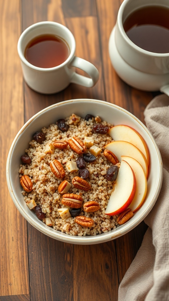 Bowl of Cinnamon Raisin Overnight Quinoa topped with pecans and apple slices