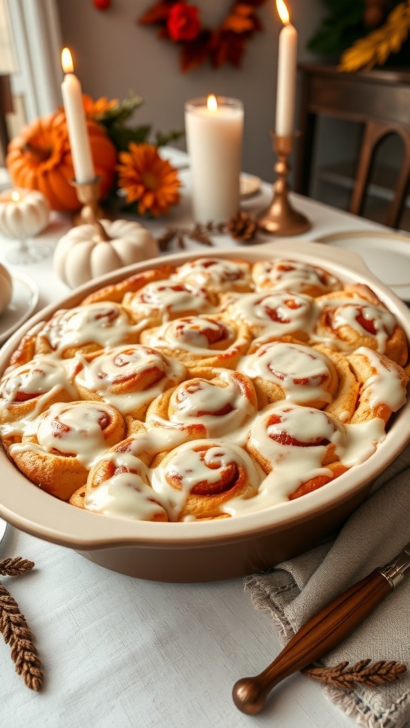 A warm cinnamon roll casserole topped with icing, surrounded by fall decorations.