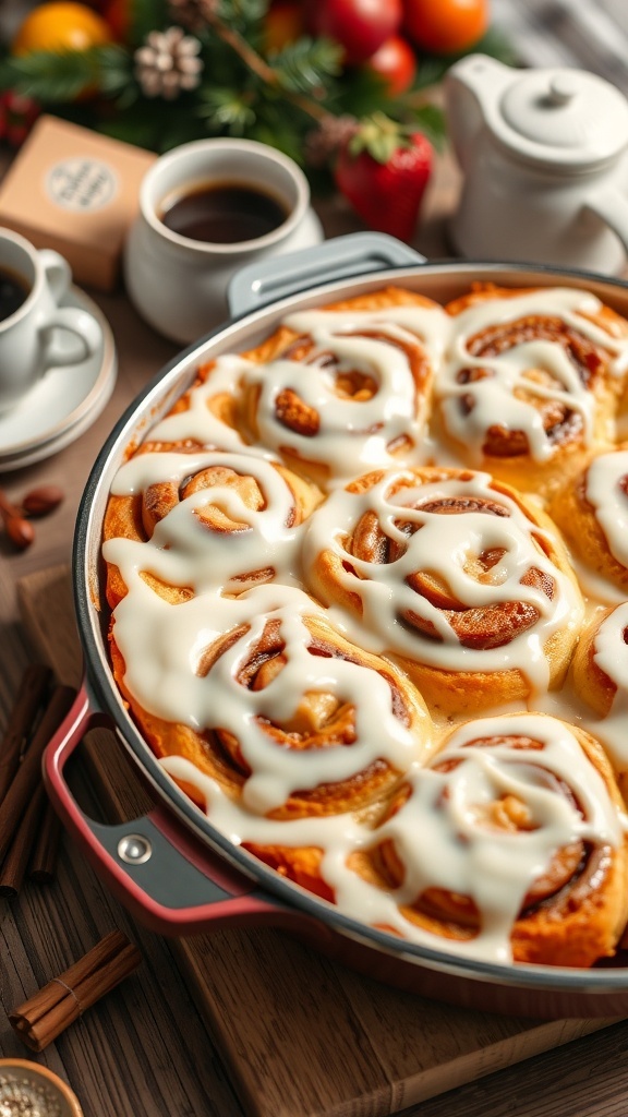 A delicious cinnamon roll casserole topped with icing, served with coffee and fresh fruit.