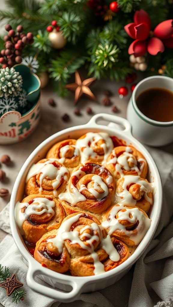 A delicious cinnamon roll casserole topped with icing, surrounded by festive holiday decorations.