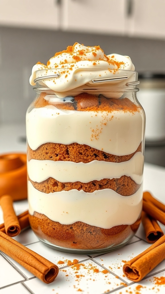 Cinnamon Roll Cheesecake Jars with layers of cheesecake and cake, topped with whipped cream and cinnamon.