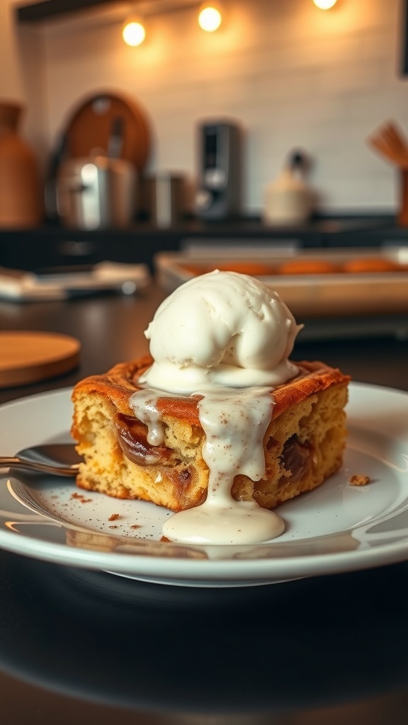 A slice of cinnamon roll high-protein bread pudding topped with vanilla ice cream on a plate.