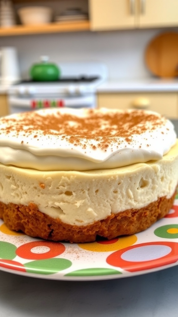 A delicious Cinnamon Roll No-Bake Cheesecake topped with whipped cream and cinnamon, served on a colorful plate.
