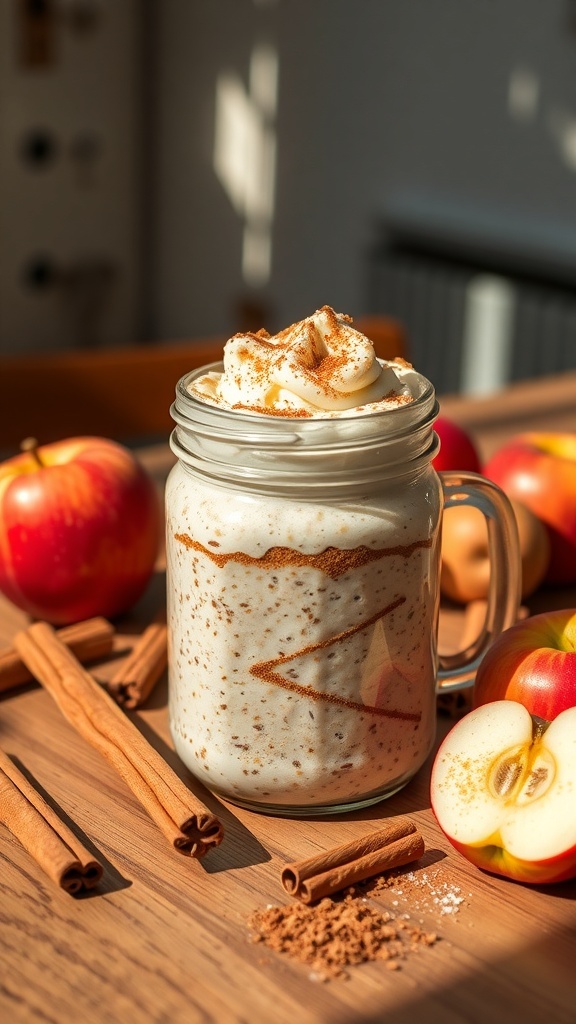 A jar of cinnamon roll overnight oats topped with whipped cream and cinnamon, surrounded by apples and cinnamon sticks.