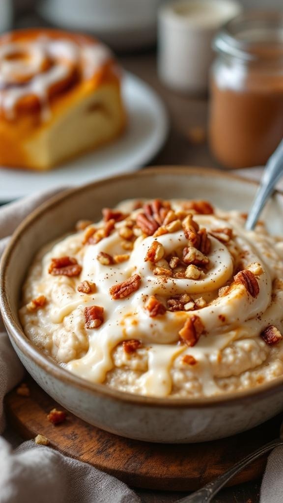A bowl of cinnamon roll overnight oats topped with yogurt, pecans, and a cinnamon swirl, with a cinnamon roll in the background.