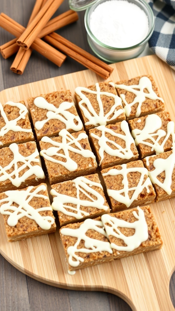 Cinnamon Roll Protein Bars drizzled with icing on a wooden board, surrounded by cinnamon sticks and powdered sugar.