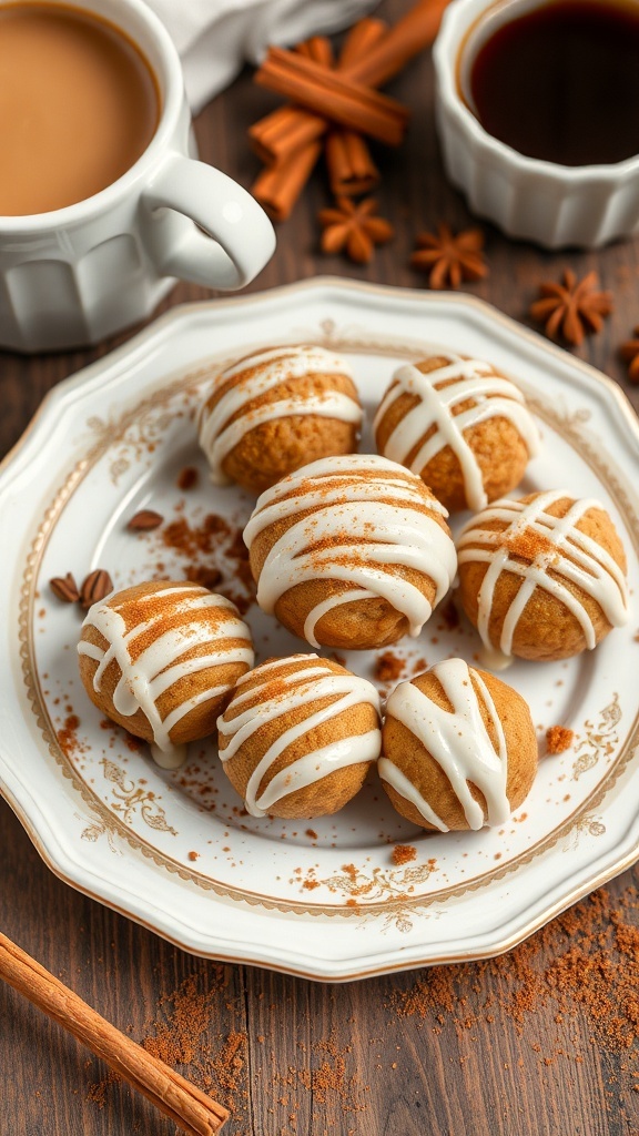 A plate of Cinnamon Roll Protein Bites drizzled with icing, surrounded by cinnamon sticks and coffee.