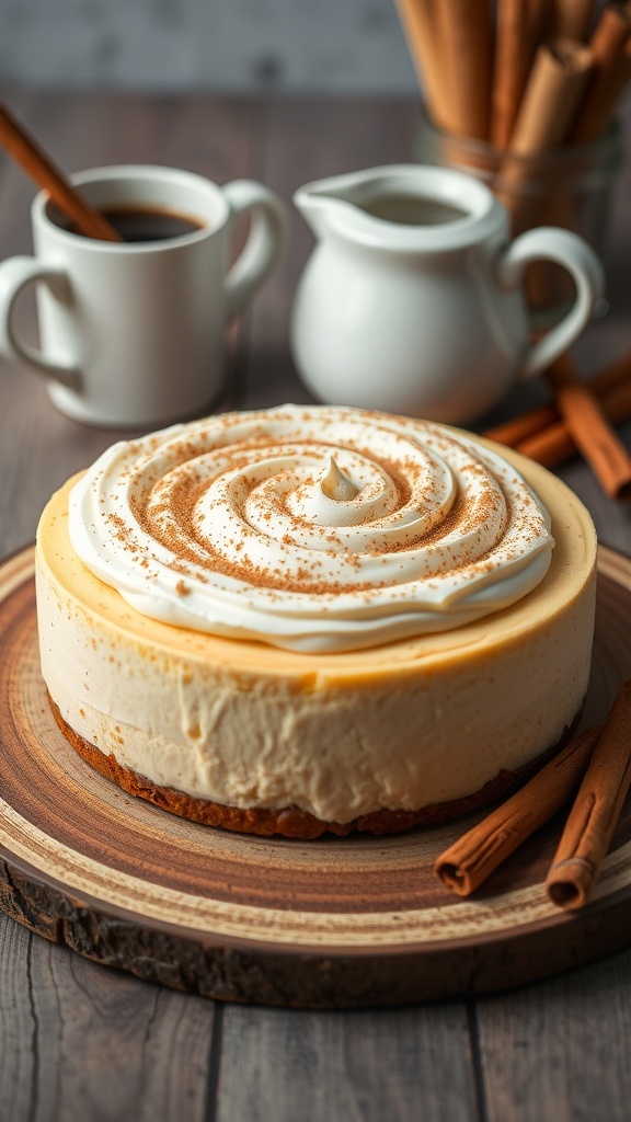 A beautifully presented cinnamon roll vegan cheesecake topped with whipped cream and cinnamon, accompanied by coffee and cinnamon sticks.