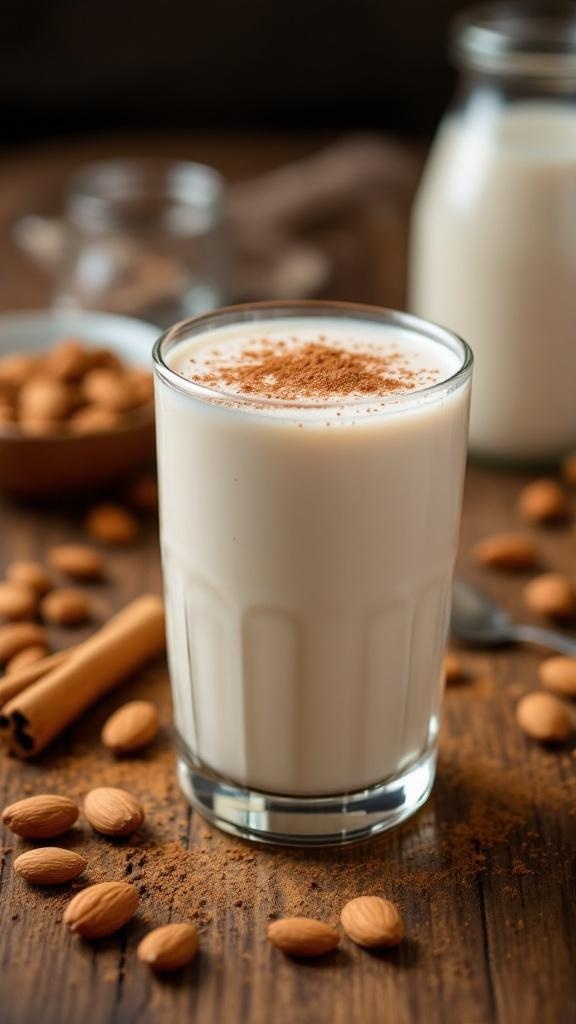A glass of cinnamon spice almond milk garnished with cinnamon, surrounded by almonds and a cinnamon stick.