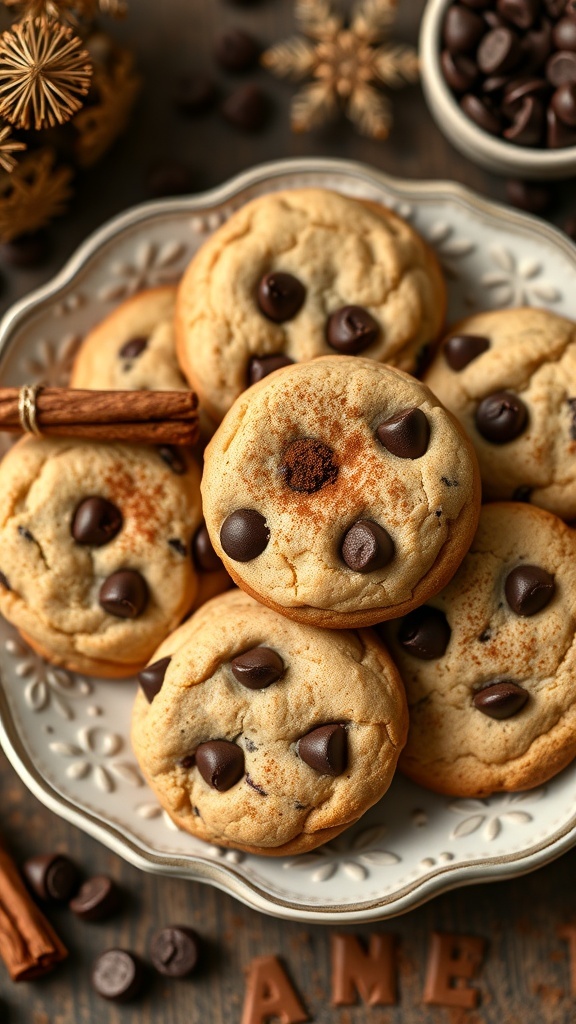 Plate of chocolate chip cookies with a hint of cinnamon on top, surrounded by chocolate chips and cinnamon sticks.