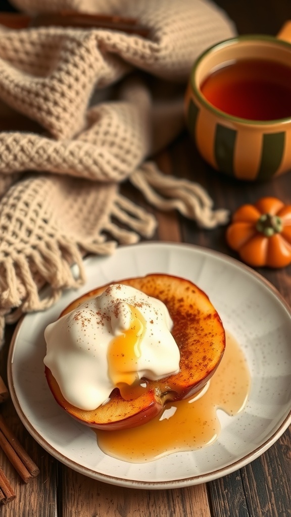 Baked apple topped with yogurt and honey, surrounded by cozy elements