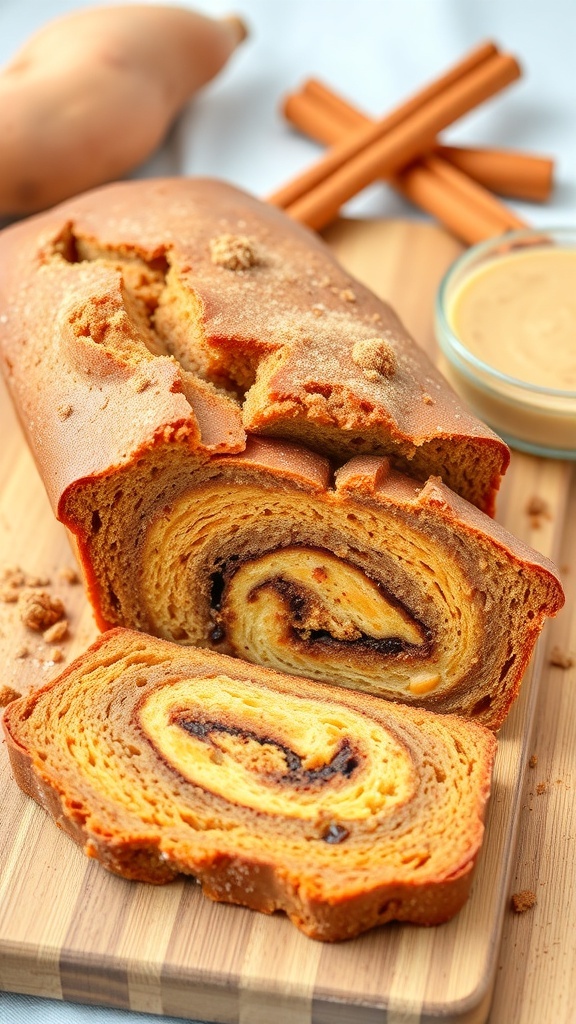 A loaf of cinnamon swirl sweet potato bread sliced to show its swirled interior, with sweet potatoes and cinnamon sticks in the background.