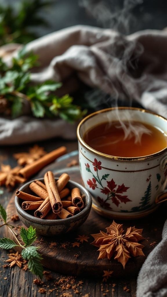 A steaming cup of cinnamon tea with cinnamon sticks and star anise, creating a cozy atmosphere.