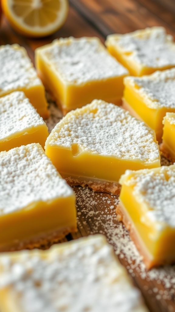 Delicious one-bowl lemon bars topped with powdered sugar and garnished with mint and lemon slices.