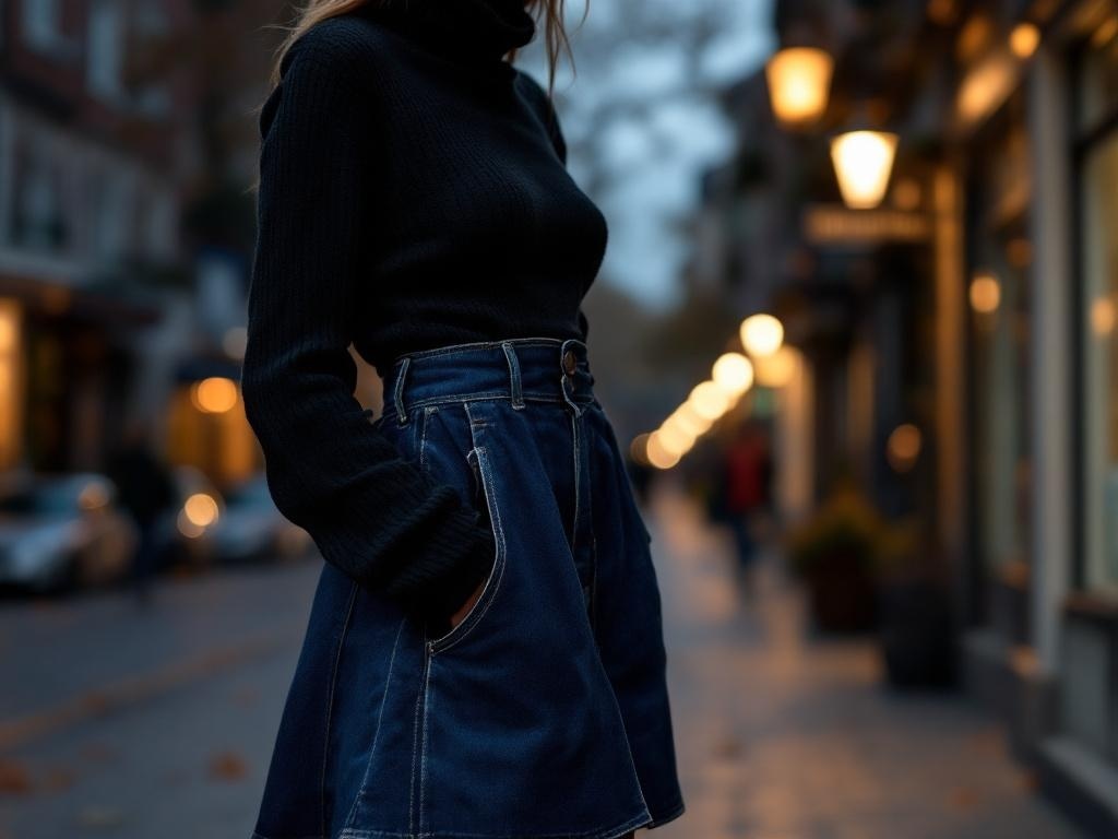 A woman wearing a classic A-line denim skirt and a black turtleneck, standing on a city street with warm lights in the background.