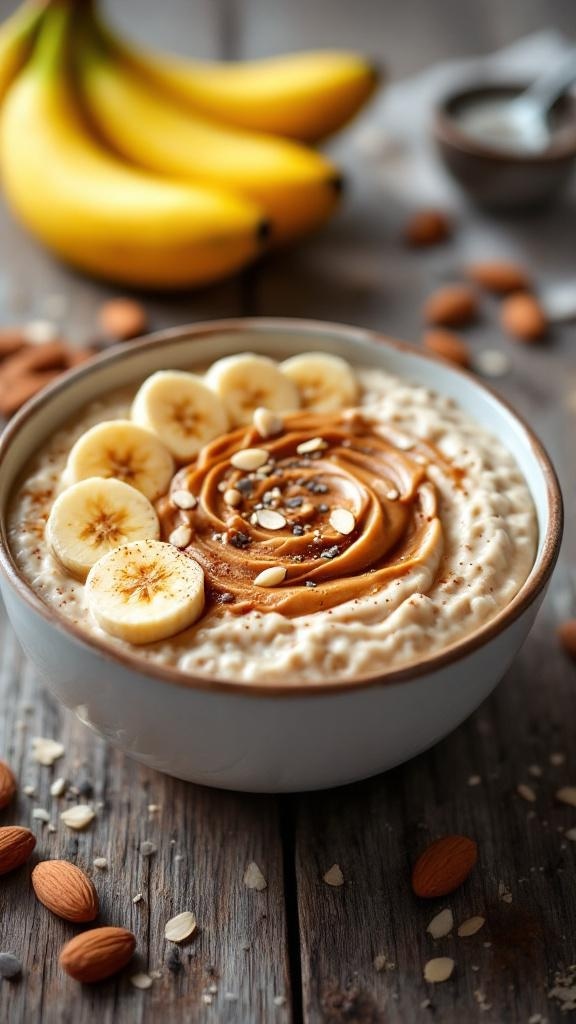 A bowl of almond butter and banana overnight oats topped with banana slices and nuts, with bananas in the background.