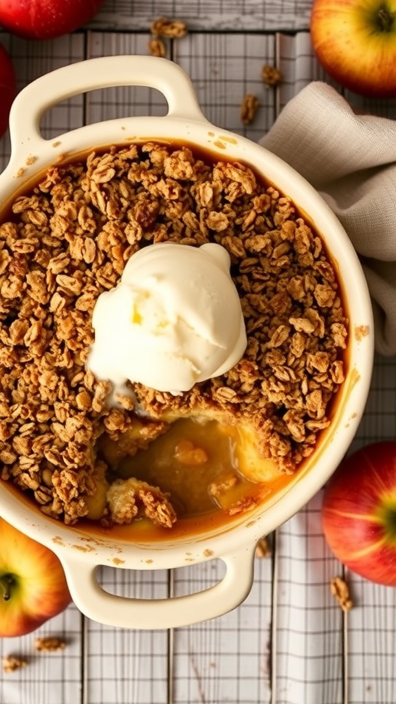 A delicious apple crisp topped with oats and a scoop of vanilla ice cream, surrounded by fresh apples.
