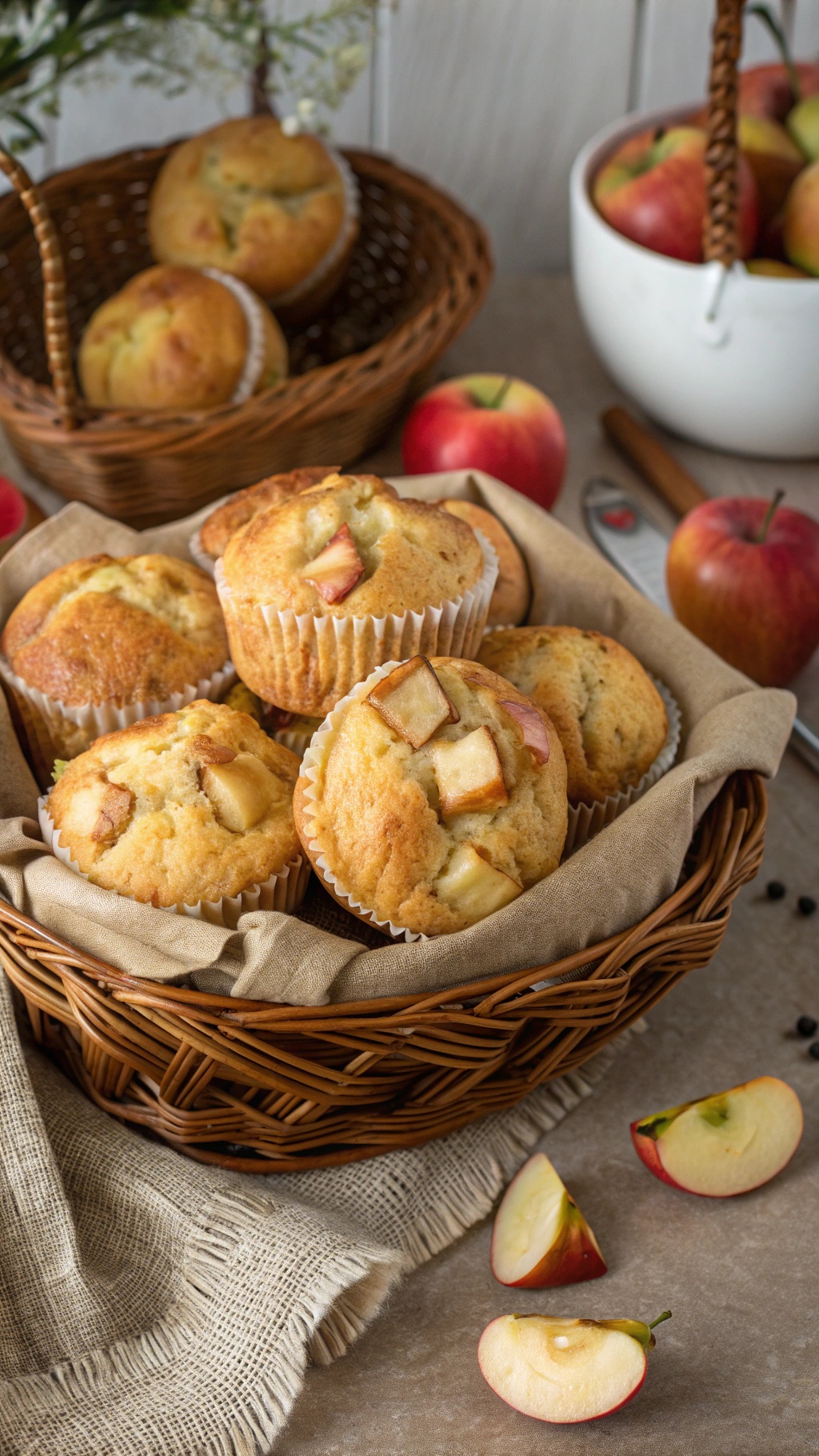 A basket of freshly baked apple muffins with diced apples on top, surrounded by whole apples and a cozy kitchen setting.