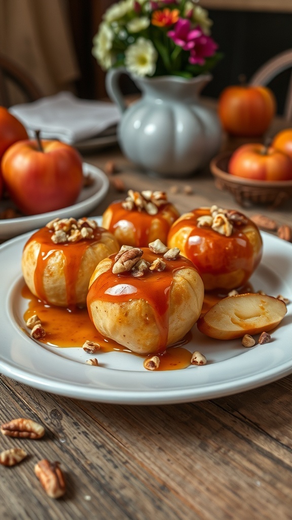Baked apples topped with caramel and pecans on a plate