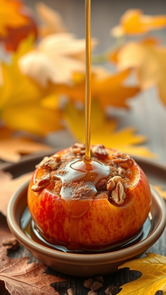Baked apple topped with nuts and syrup, surrounded by autumn leaves