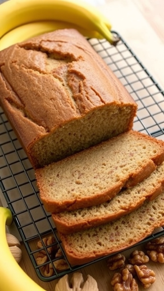 A freshly baked loaf of banana bread sliced on a cooling rack with bananas and walnuts in the background.