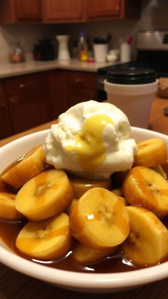 A bowl of banana foster with caramel sauce and ice cream, surrounded by fresh fruits.